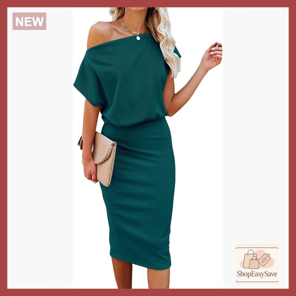 Off Shoulder Bodycon Midi Dress Ribbed Knit Slim Fit Party Evening Wear